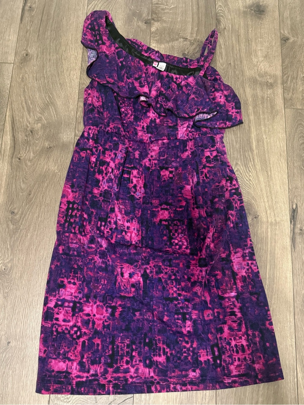 6 degrees One-Shoulder Ruffle Dress in Pink and Purple Abstract Print